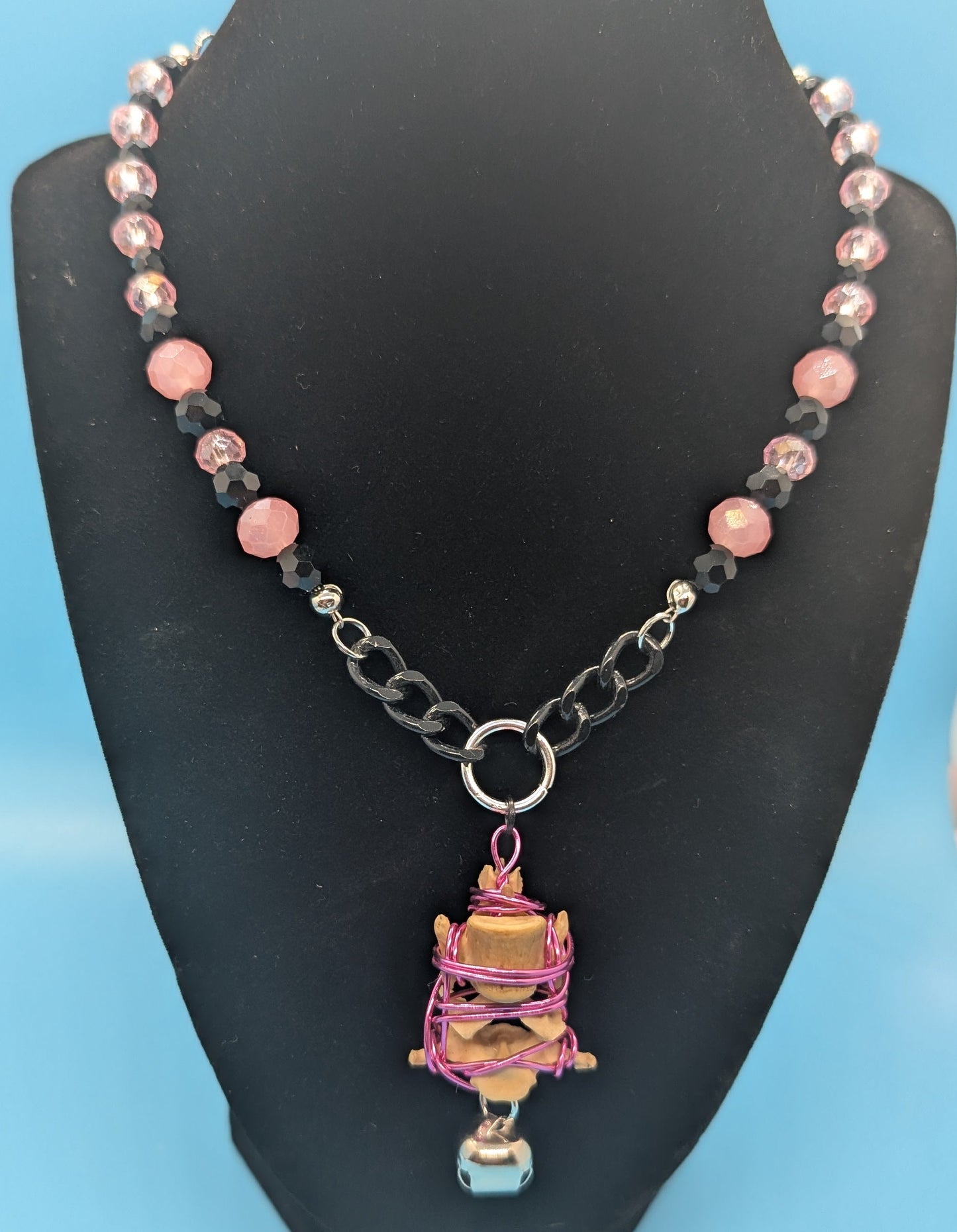 Pink & Black Bell Cat Bone Necklace
