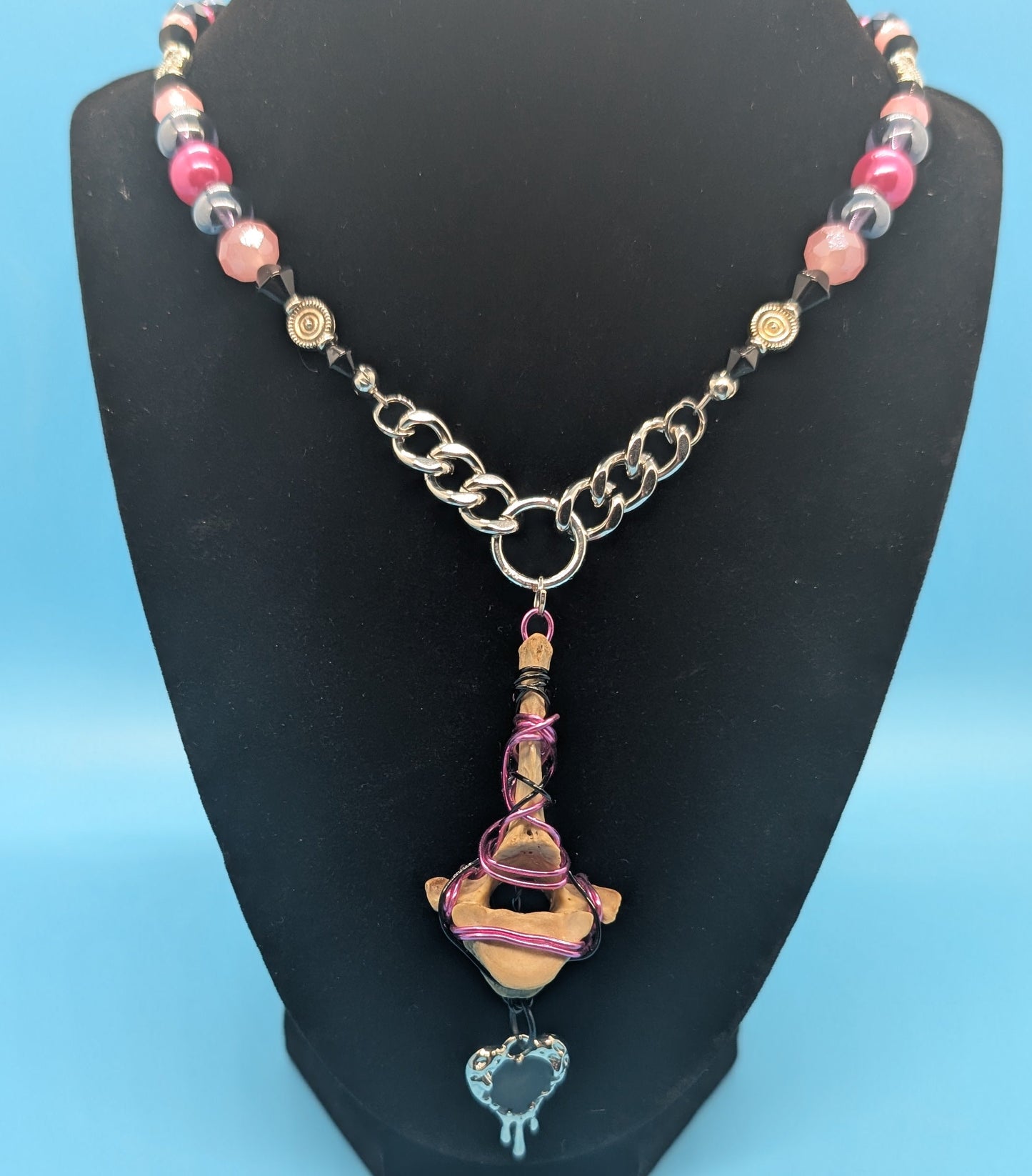 Pink Bleeding Heart Coyote Bone Necklace